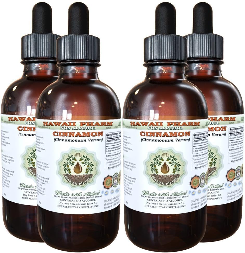 Cinnamon Alcohol-Free Liquid Extract, Cinnamon (Cinnamomum Verum) Dried Bark Glycerite Hawaii Pharm Natural Herbal Supplement 4x4 oz
