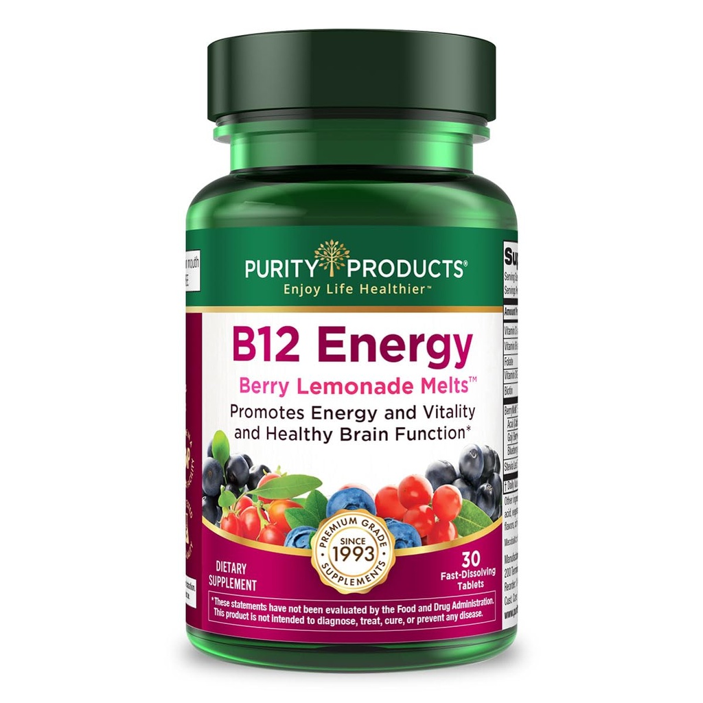Purity Products B-12 Energy Berry Lemonade Melt w/Super Fruits Methylcobalamin B12 - Vitamins B6, D3, Folic Acid and Biotin - High Absorption MecobalActive B 12-30 Melting Tablets