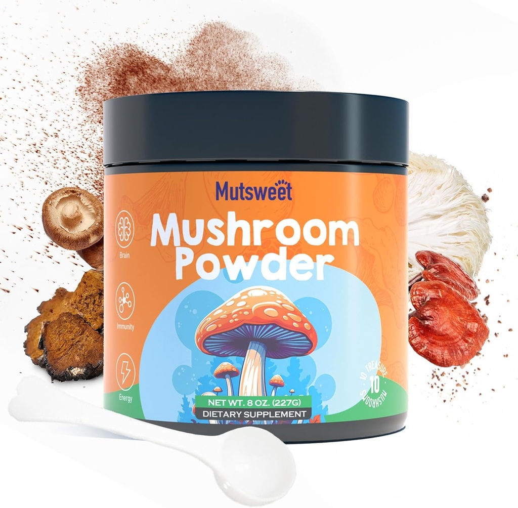 Mushroom Powder Blend (75 Servings), Ten Mushroom Supplement with Lions Mane, Reishi, Cordyceps, Chaga, Mushroom Powder for Coffee Alternative, Matcha | Energy, Focus, Immune Support