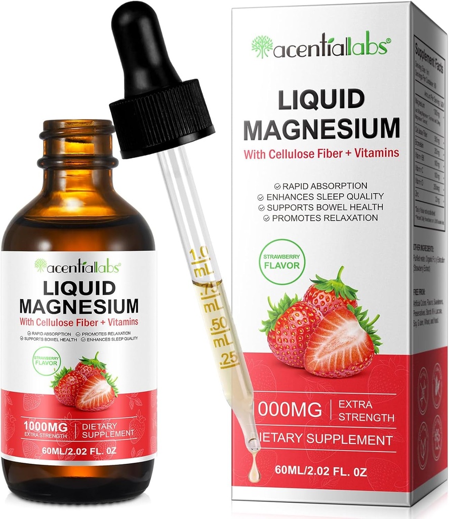 Magnesium Glycinate Liquid,Liquid Magnesium 1000Mg, Magnesium Drops,Liquid Magnesium Supplement,with Cellulose Fiber, Vitamin B6, C, D, Zinc, Digestive Health,Promotes Relaxation,No Sugar,2 Fl Oz
