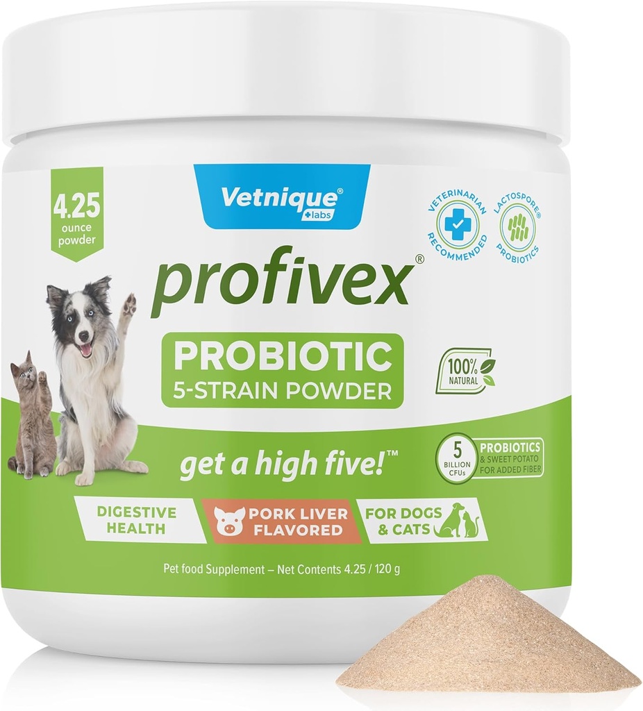 Vetnique Labs Profivex Probiotics for Dogs All Natural Dog Chews & Powder for Digestive Health Probiotic Supplements for Dogs 5 Strains of Probiotics & Prebiotics (Powder, 4.25oz)