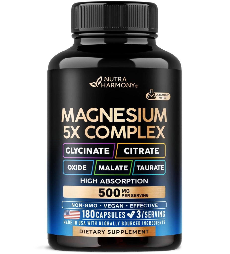 Magnesium Supplement - 5 in 1 Complex | Glycinate | Citrate | Malate | Taurate | Oxide - Made in USA - Stress, Muscle & Heart Support - Vegan, Natural, Non-GMO - 180 Capsules, 2 Month Supply