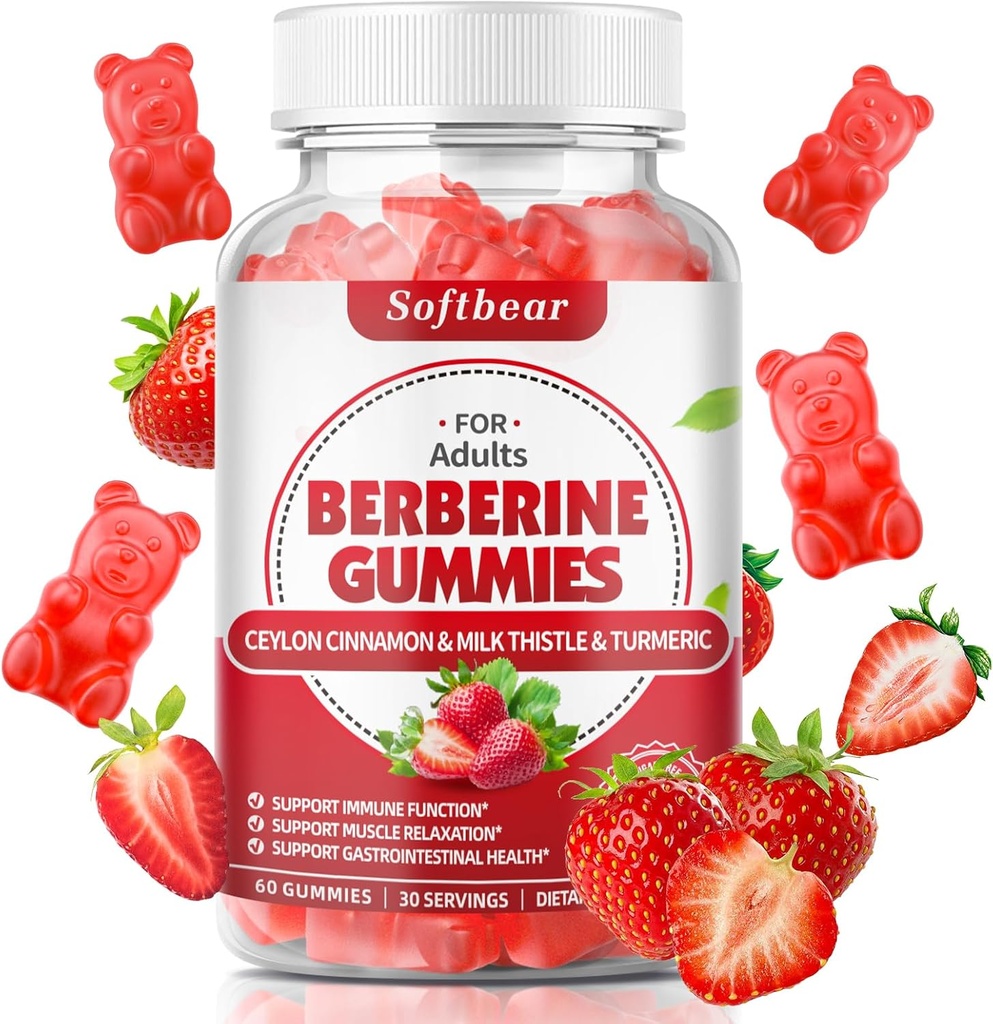 softbear Berberine with Ceylon Cinnamon Gummies Organic Berberine HCL 1500mg for Metabolism Immune Health Sugar-Free Berberine Supplements Strawberry Flavored 60 Count
