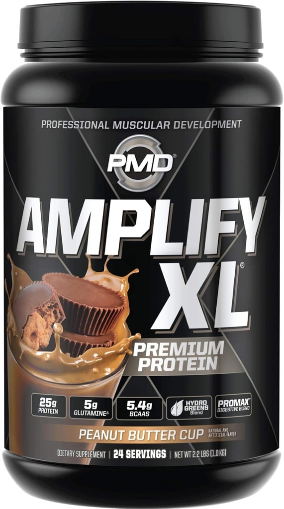 PMD Sports Amplify XL Premium Whey Protein Supplement Hydro Greens Blend - Glutamine and Whey Protein Matrix with Superfood for Muscle, Strength and Recovery - Peanut Butter Cup (24 Servings)