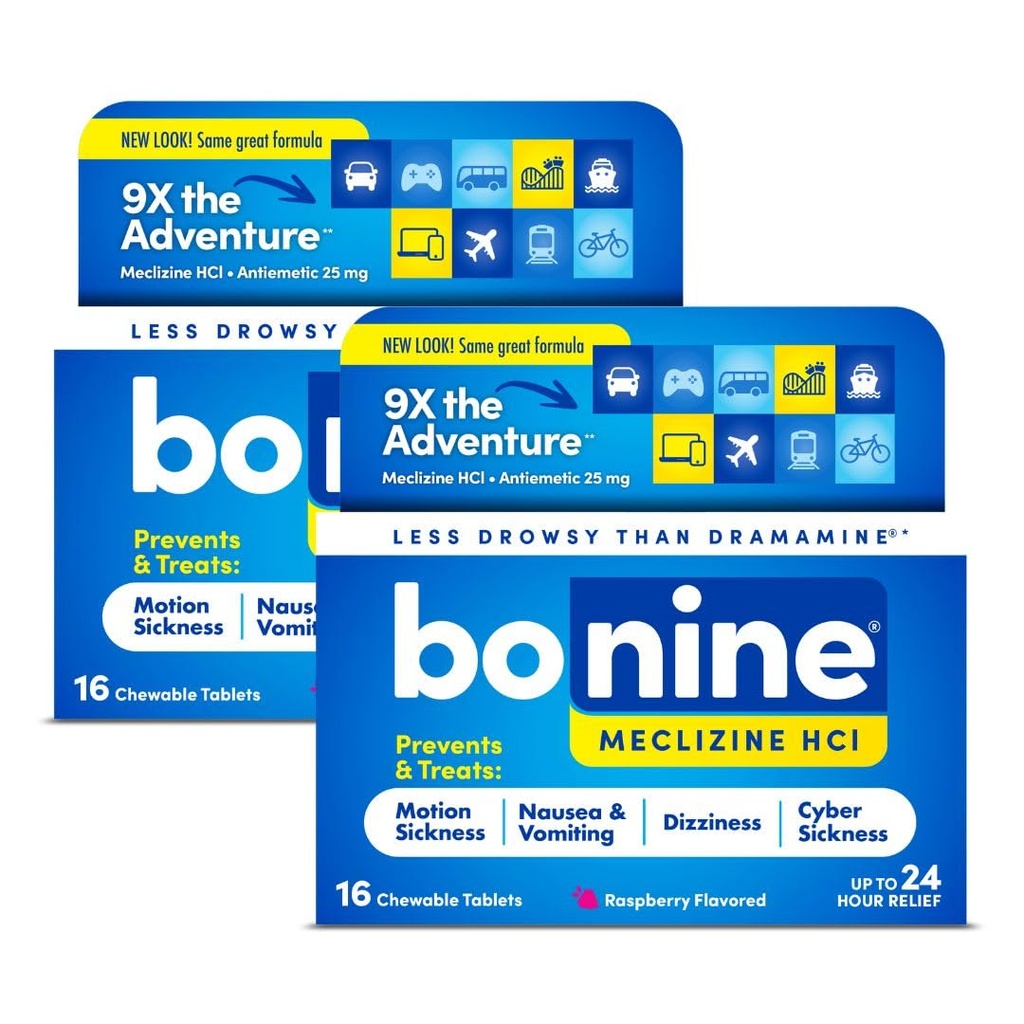 Bonine Non-Drowsy Motion Sickness Relief - 32 Chewable Tablets with Meclizine HCL 25mg - Non Drowsy Medicine for Nausea or Motion Sickness - Cruise Essentials - Raspberry Flavor