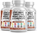Clean Nutraceuticals Lions Mane 20in1 Mushroom Supplement with Turkey Tail Reishi Cordyceps Chaga Maitake Meshima Poria Cocos Shiitake Oyster Porcini Enoki - 3Pack