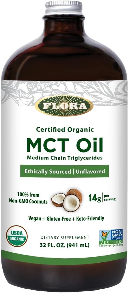 Flora - MCT Oil Certified Organic - Supports Muscle Energy & Brain Health - Contains C8 Caprylic Acid & C10 Capric Acid - Non-GMO, Gluten-Free, Vegan & Keto-Friendly - 32 fl. oz. Glass Bottle