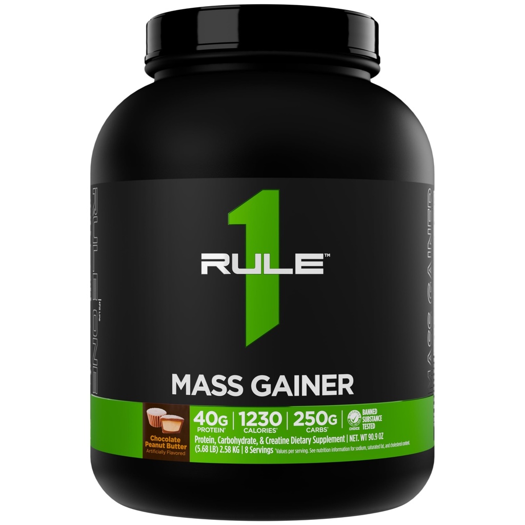 Rule 1 Proteins Mass Gainer - High-Calorie Weight Gain Formula with 1,220+ Calories, 250g+ Complex Carb Blend, 40g All-Whey Protein Per Serving (8 Servings, Chocolate Peanut Butter)