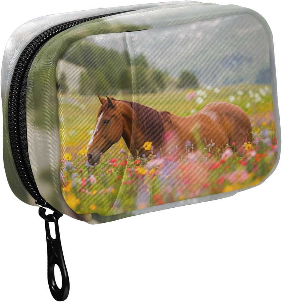 Fustylead Long Mane Horse in Colorful Flower Field Pill Organizer Case with Zipper 2 Times A Day for Vitamin and Supplement, 7 Day Travel Organizer Medicine Case