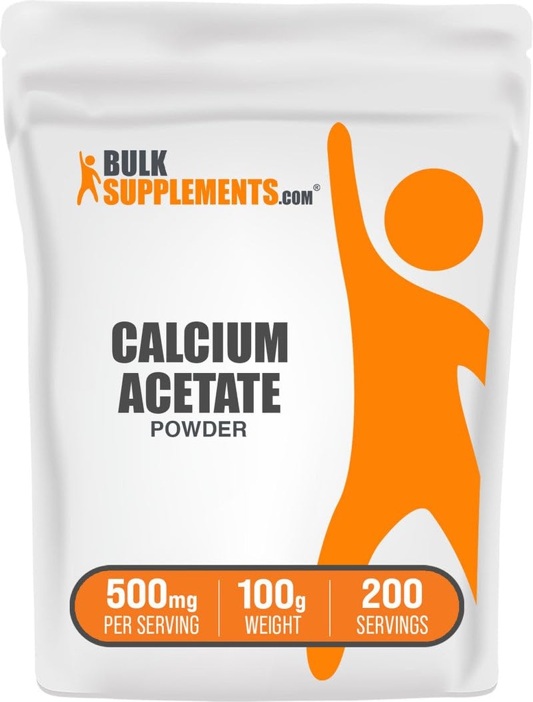 BulkSupplements.com Calcium Acetate Powder - Calcium Supplement, Food Grade - Pure & Gluten Free, 500mg per Serving, 100g (3.5 oz) (Pack of 1)