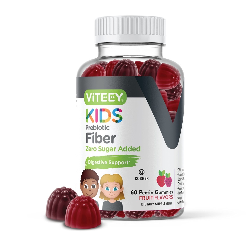 Viteey Prebiotic Kids Fiber for Constipation Relief, Digestive Health Regularity Support, Natural Weight Support - Fiber 4g, Zero Sugar Added, Vegan, Gluten Free - Tasty Chewable Fruit Flavored Gummy