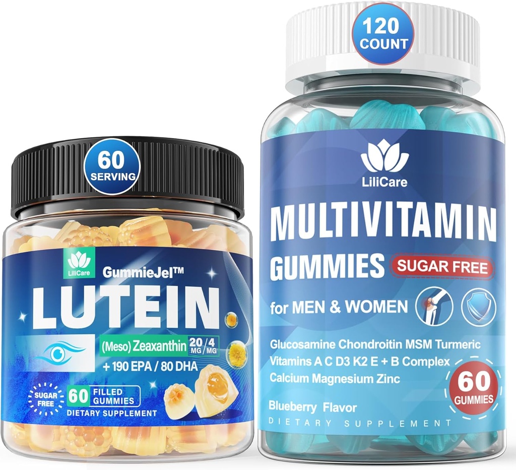 Sugar Free Lutein 20mg Zeaxanthin Eye Vitamins Filled Gummies with EPA 190mg & DHA 80mg + Multivitamin with Glucosamine Chondroitin MSM for Immune Support, Men & Women - (Pack of 2)