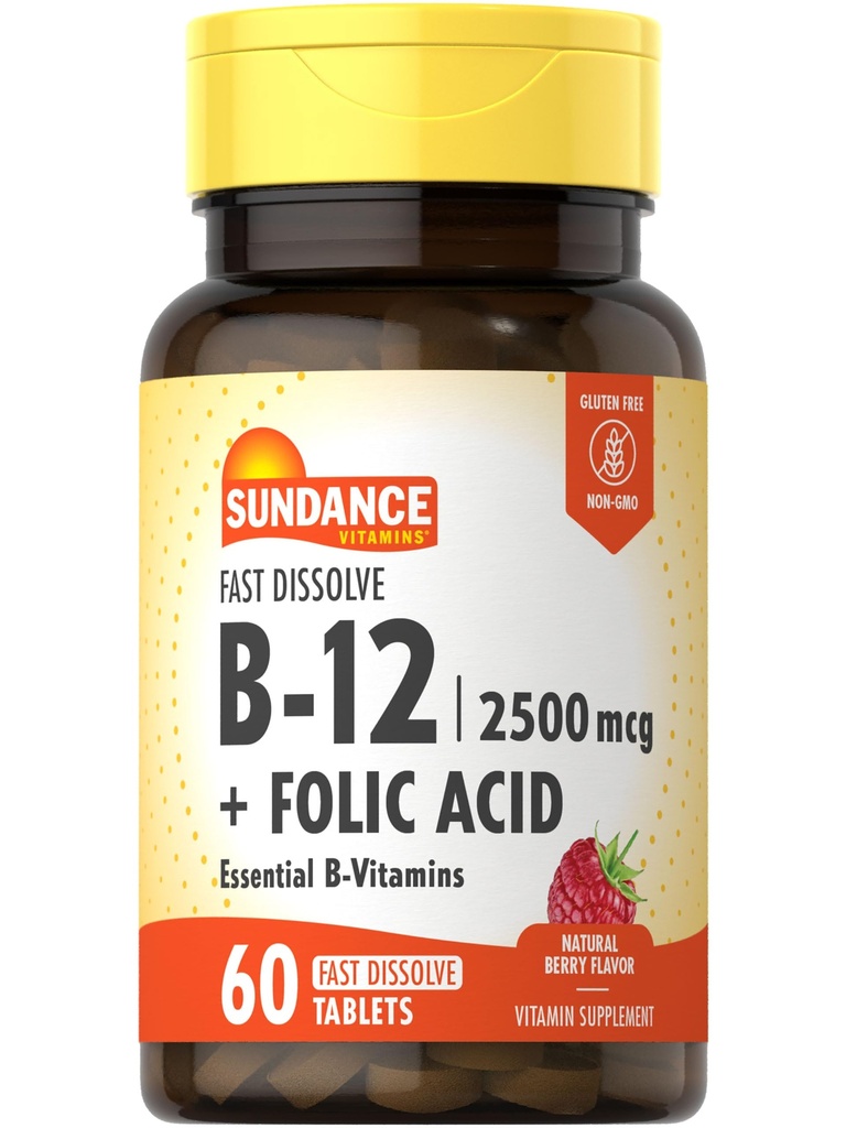 Sundance Fast Dissolve Vitamin B-12 | with Folic Acid | 2500mcg | 60 Count | Natural Berry Flavor | Vegetarian, Non-GMO, and Gluten Free Supplement