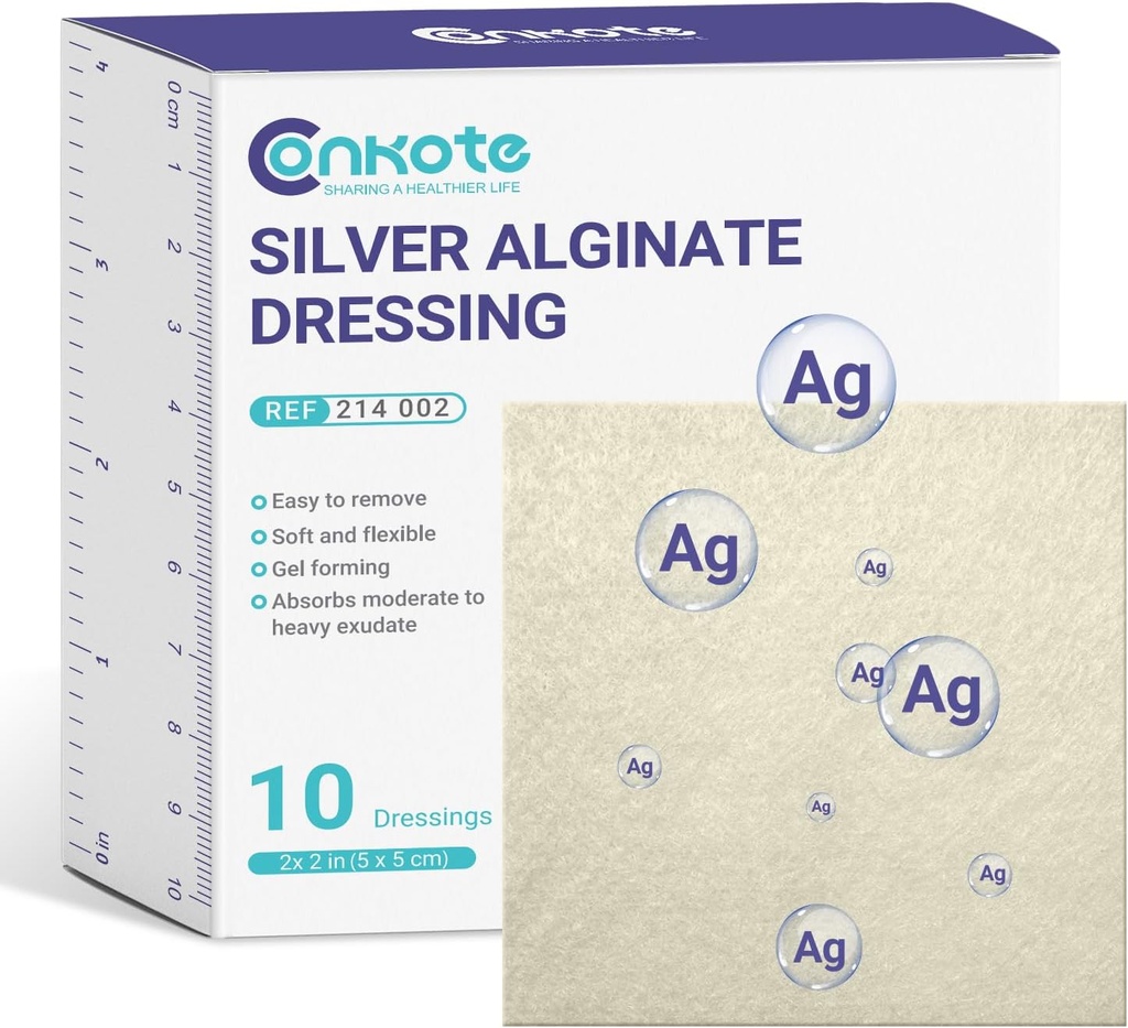 Conkote Silver Alginate Wound Dressing Pads 2” x 2”, 10 Pack, Non-Stick Padding Ag Patches, Highly Absorbent for Pressure Ulcer, Bed Sore and Diabetic Foot Ulcer