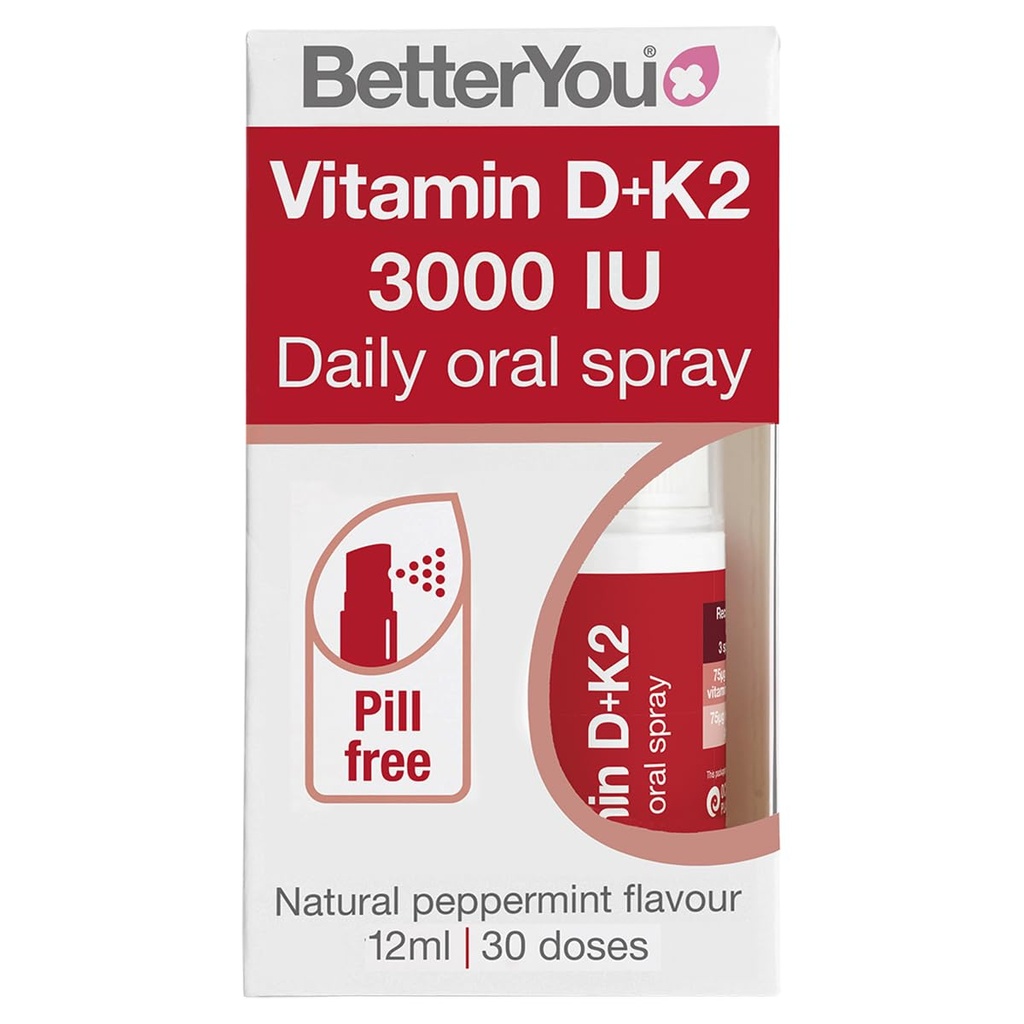 BetterYou D3000 and K2 Vitamin D Daily Oral Spray - Convenient Alternative for Tablets - Supports Bone Health and Boost Immune System - Prevents Blood Clotting - Natural Peppermint Flavor - 0.4 oz