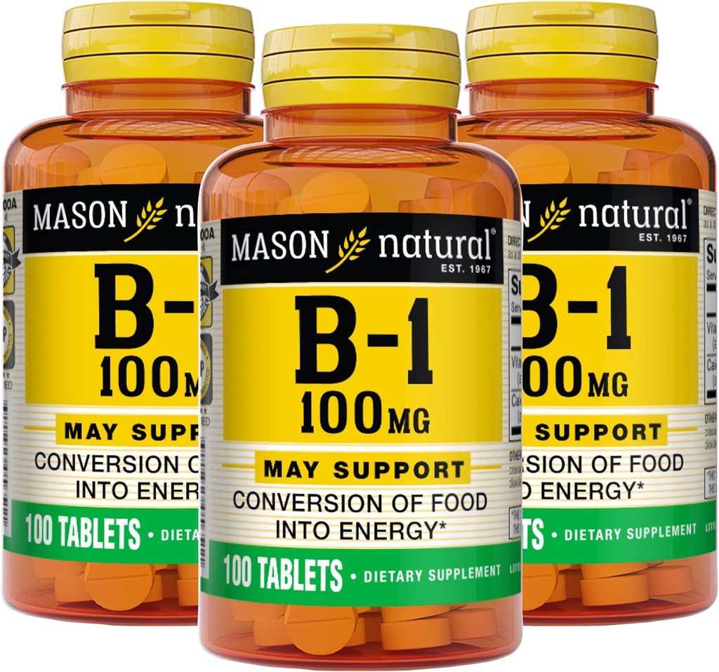 Mason Natural Vitamin B1 (Thiamin) 100 mg, Healthy Conversion of Food into Energy, Supports Nerve and Immune Health, 100 Tablets (Pack of 3)