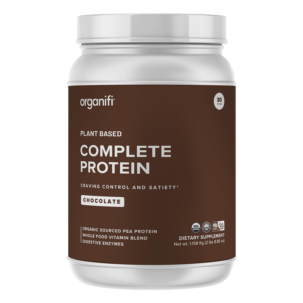 Organifi Complete Protein Chocolate Flavor - Organic Vegan Plant Based Protein Powder with Digestive Enzymes - 30 Day Supply - No Soy, Dairy, or Gluten