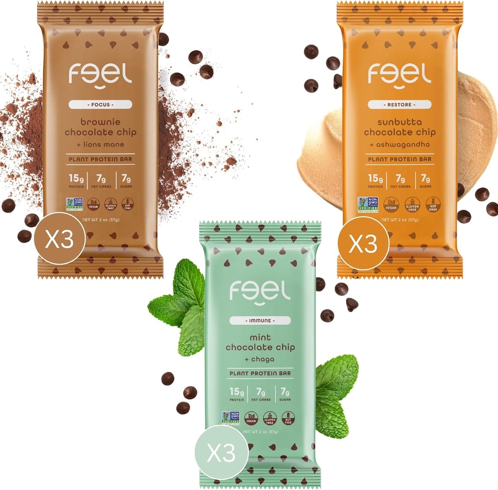 Feel Vegan Protein Bars | Chocolate Lovers | Keto | Gluten Free | Organic | Lions Mane | Chaga | Ashwagandha | 15g Protein | Low Sugar | Non GMO | Sunbutta + Brownie + Mint - 9 Pack