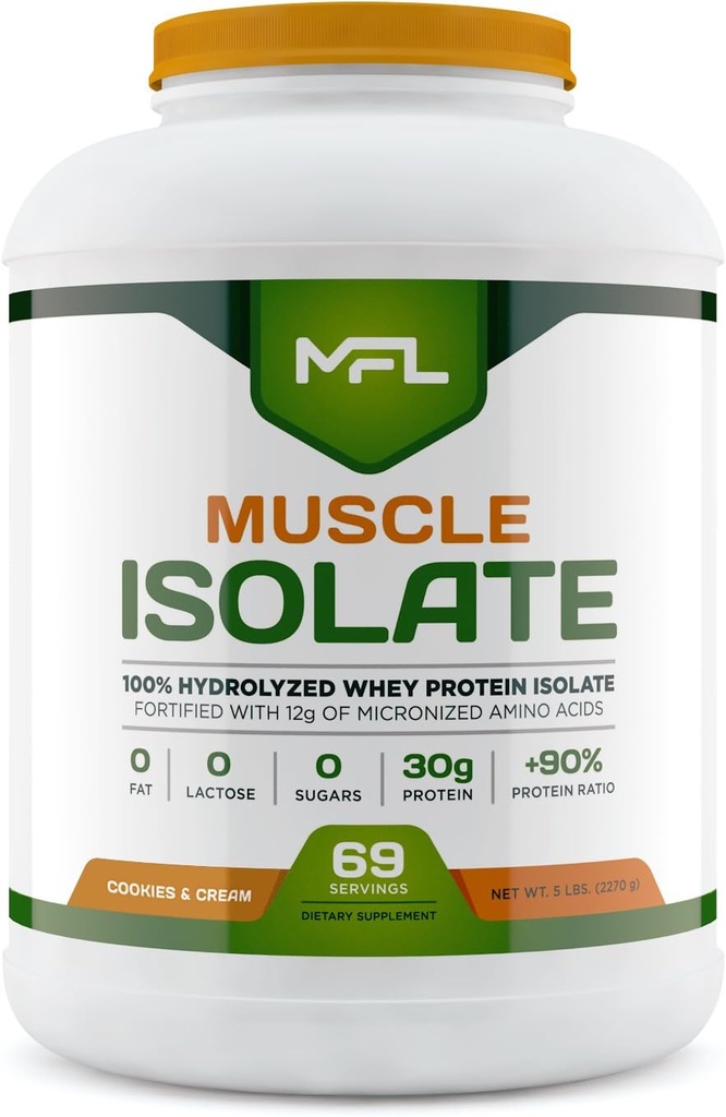 MFL 100% Isolate Protein l 30g of Protein l 12g Amino Acids l Keto Friendly l Low Carbs l 5 lbs. (Cookies & Cream)