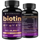 VITBOOST Biotin with Hyaluronic Acid, Collagen and Keratin – 25000 mcg Hair Growth Vitamins for Men and Women – Nails and Skin, USA Made - Third Party Tested, B1, B2, B3, B6, B7 Complex - 60 Capsules