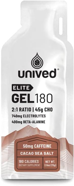 Unived Elite Gel 180-2:1 Ratio of Simple & Complex Carbs with Beta Alanine & Essential Electrolytes - for Endurance Athletes Runners & Cyclists -180kcal - Cocoa Sea Salt - 50mg Caffeine - Pack of 6