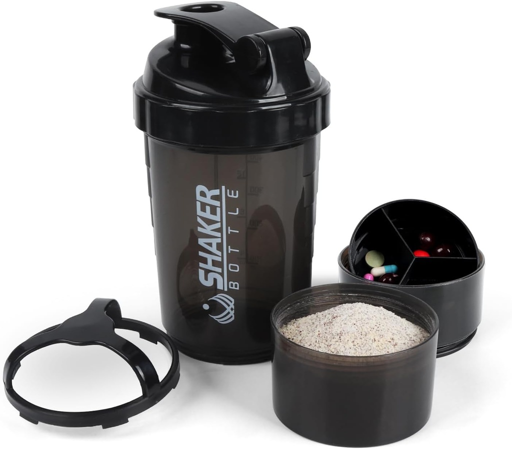 Shaker Bottle - Protein Shaker Cup with Storage Compartments - Leak-proof Workout Shake Bottles with Mixer for Smooth Mixing-500ML/16oz (PURE BLACK)