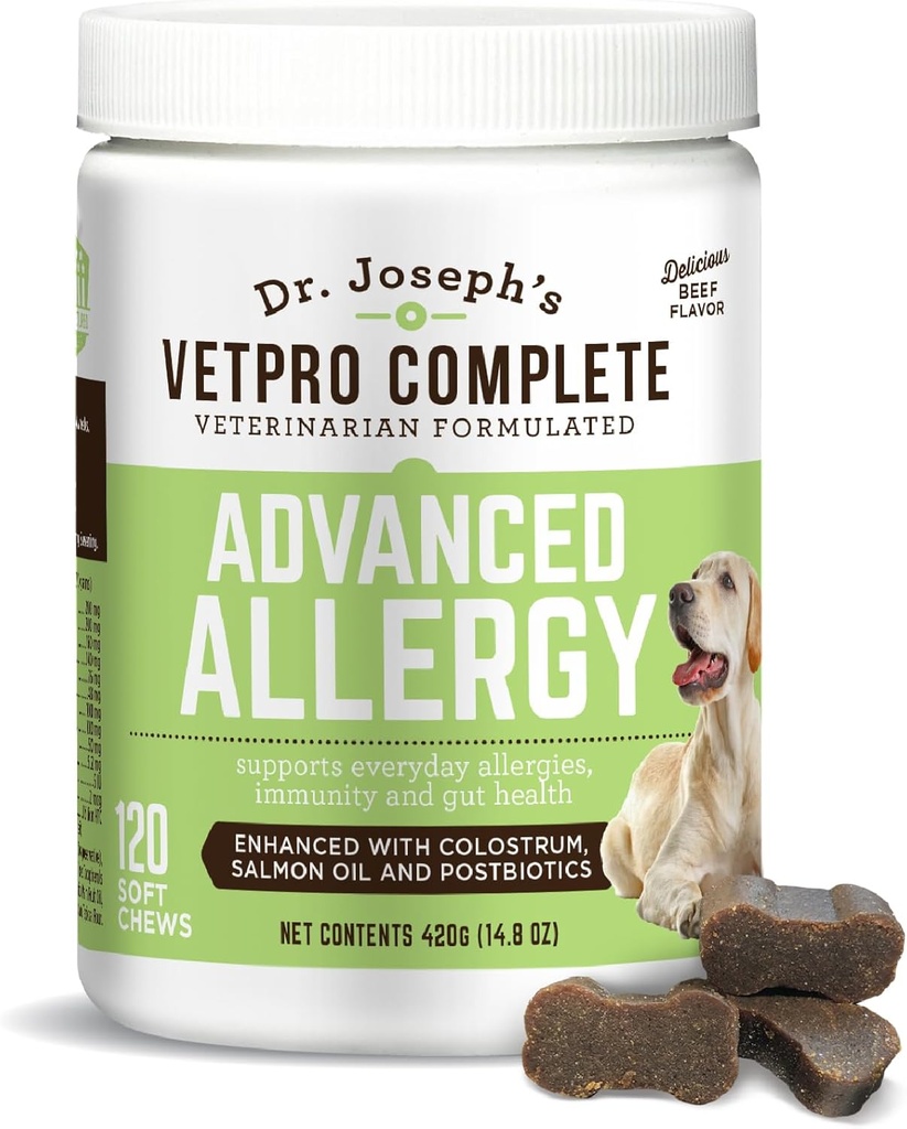 VetPro Advanced Allergy and Itch Support for Dogs - Supports Seasonal Allergies, Itchy Skin, & Immunity - Enhanced with Salmon Oil, Probiotics & Colostrum for Allergies, Immune Support, & Gut Health