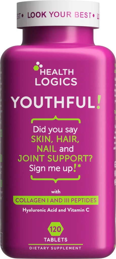 Health Logics Youthful Collagen 6,000 mg | Collagen Peptides Types 1 and 3 with Hyaluronic Acid and Vitamin C | Anti-Aging Collagen for Healthy Joints & Skin | 120 Collagen Tablets