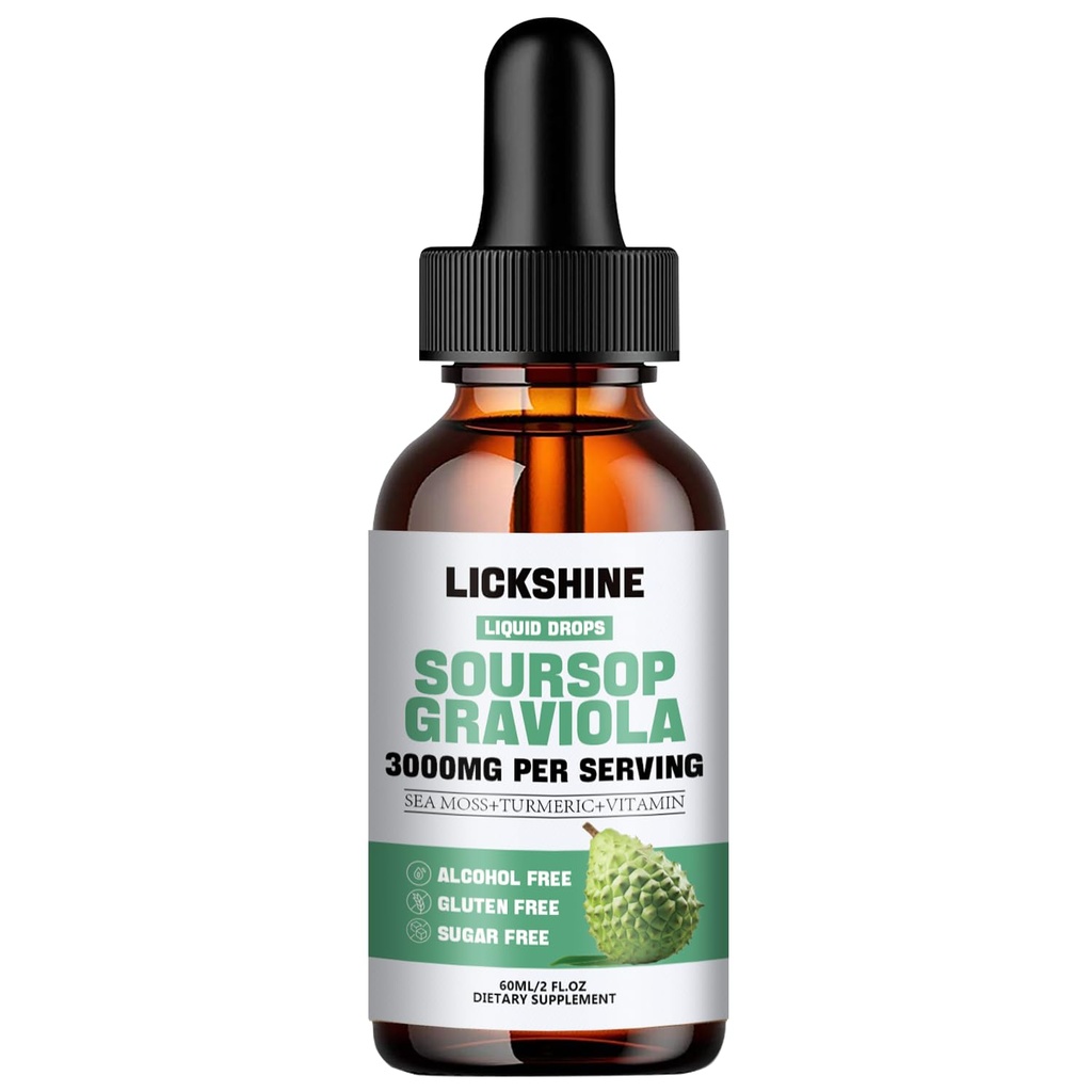 1 Packs 3000MG Soursop Graviola Liquid Drop for cell Support &Regeneration, lmmune, Gut, Antioxidant, Mood, Relax, Liver and Sleep Zzz - Soursop Graviola Leaf Extract, Sea Moss, Turmeric - 2Fl Oz