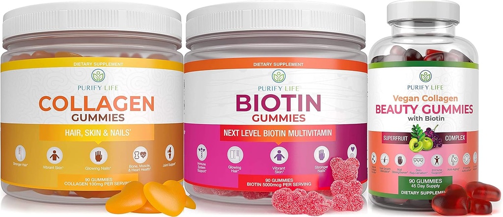Purify Life Marine Collagen, Biotin, & Vegan Collagen Bundle, Gummies for Hair Skin and Nails (Bulk - 90 Chews), Joint Care Vitamin, Immune Support, Beauty, Detox & Cleanse, Replace Capsules, Pills