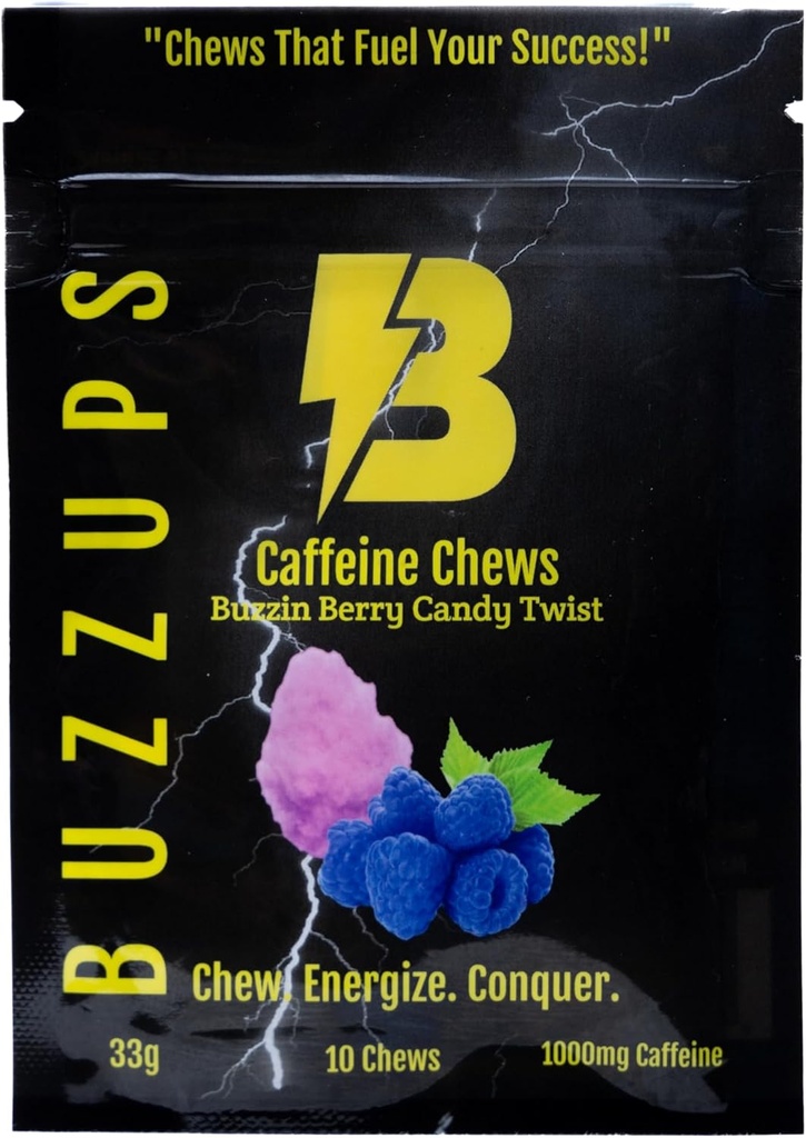 BuzzUps Caffeine Gummies – 100mg Caffeine per Gummy, Buzzin Berry Flavor, Energy Boost for Sports, Gaming, Running, Cycling, Focus, Endurance Supplement (10 Gummies, 1 Pack)