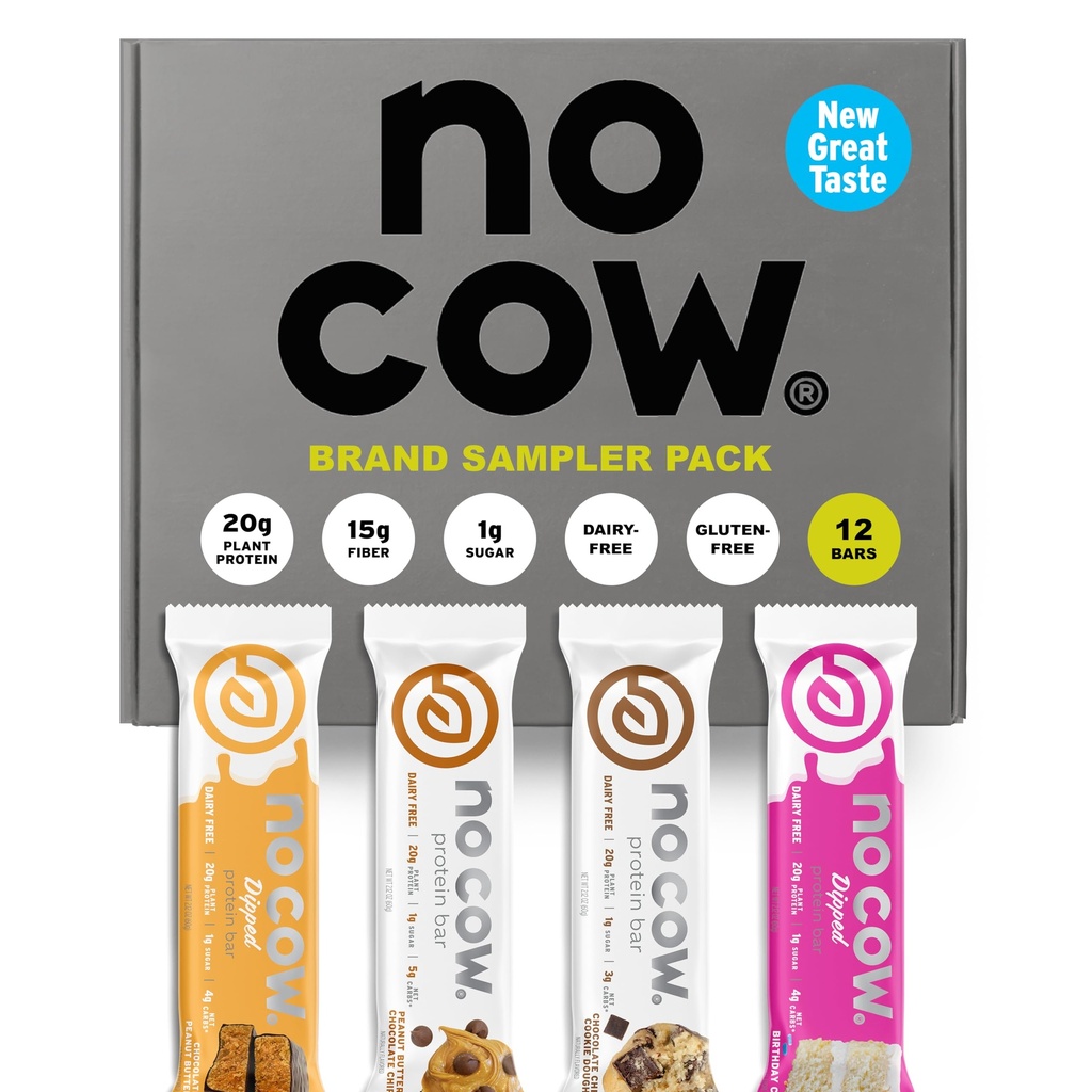 No Cow Vegan Protein Bars, Upgraded Brand Sampler Pack | 20g Plant Based Protein, Gluten Free, Dairy Free, Soy Free, Keto Friendly, Low Sugar, High Fiber Snack Bars | Pack of 12