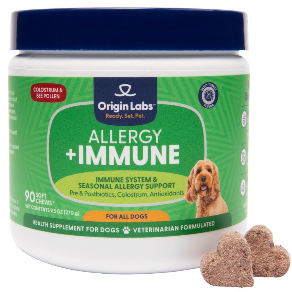 Origin Labs Allergy and Immune Support Supplement, Omega 3 Fish Oil, Bee Pollen, Colostrum, Probiotics, Prebiotics for Gut Health, Skin and Coat Health, Antioxidants, Turkey Flavor, 90 Soft Chews