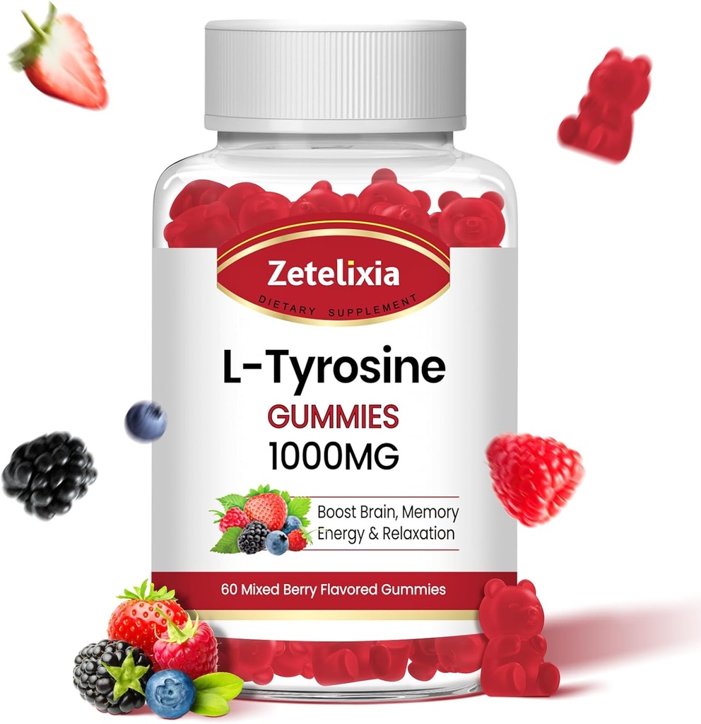 L Tyrosine Gummies 1000mg,L-Theanine Supplement Gummy 200mg,Sugar Free L-Tyrosine with Vitamin B6 Energy Supplements for Adults & Kids - Vegan(60 Count)