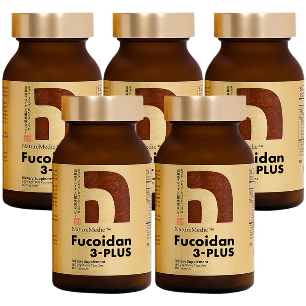 Fucoidan 3-Plus Brown Seaweed Immunity Supplement with Three Types of High Purity Fucoidan Organic Mekabu Fucus Mozuku Agaricus Made in Japan (Vegetable Capsule, 5 Bottles)