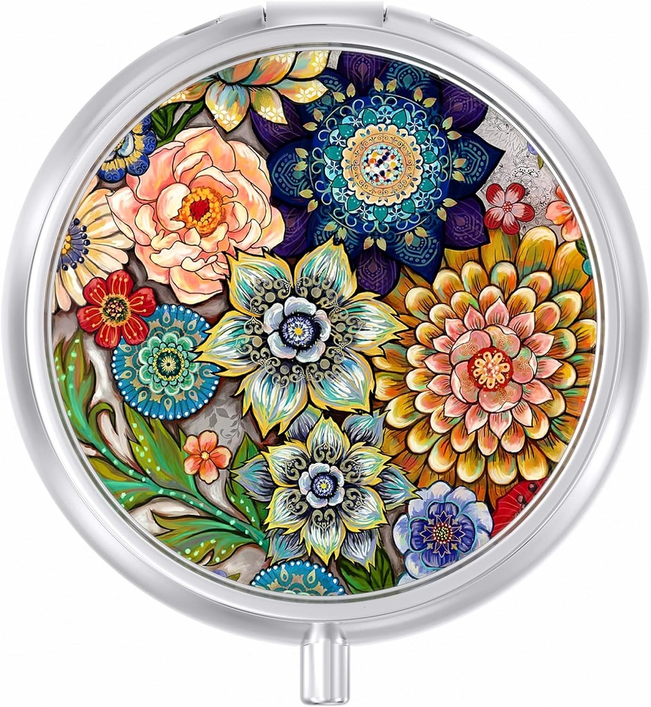 Pill Case, Cute Travel Pill Box for Purse, Moisture Proof Small Medicine Holder, Portable Pocket Medicine Organizer Dispenser to Hold Vitamins, Cod Liver Oil, Supplements, Mandala Flower
