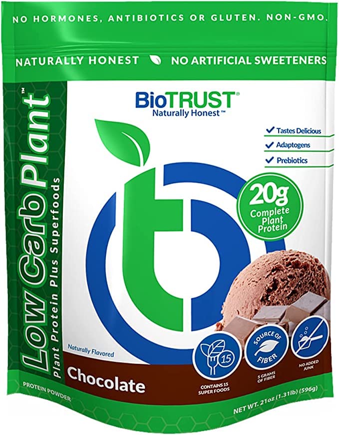 BioTrust Low Carb Plant, Delicious, Creamy, 20 Grams of Clean, Complete, Plant-Based Protein, 5 Grams Fiber, 15 Superfoods, Digestive Enzymes, Vegan, Dairy-Free - 14 Servings (Chocolate)