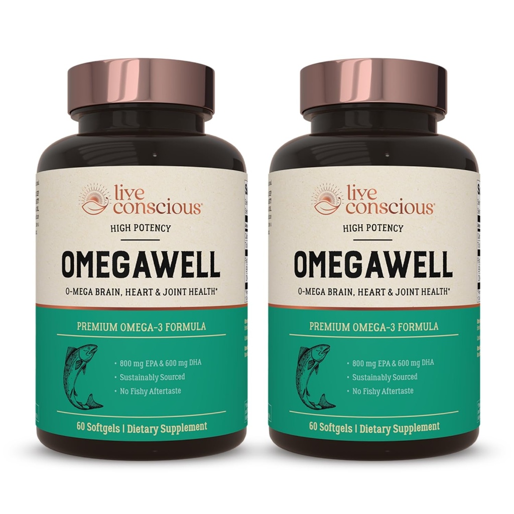 Live Conscious OmegaWell Fish Oil: Heart, Brain, and Joint Support | 800 mg EPA 600 mg DHA - Enteric-Coated, Sustainably Sourced - Easy to Swallow 120 Count (2-Pack)