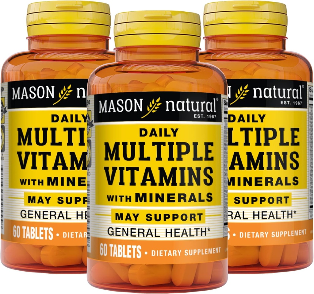 MASON NATURAL Daily Multiple Vitamins with Minerals - 24 Essential Vitamins and Minerals, All in One Multivitamin, Supports Overall Health, 60 Tablets (Pack of 3)