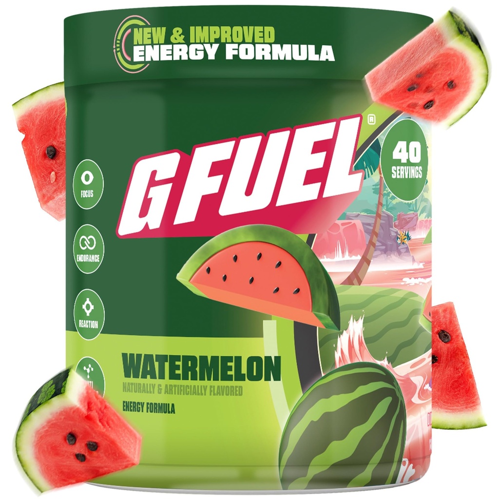 G Fuel Watermelon Energy Drink Powder, Pre Workout Caffeine Mix for Gaming, Sugar Free Focus Amino, Vitamin + Antioxidants, 9.9oz (Watermelon, 40 Servings)