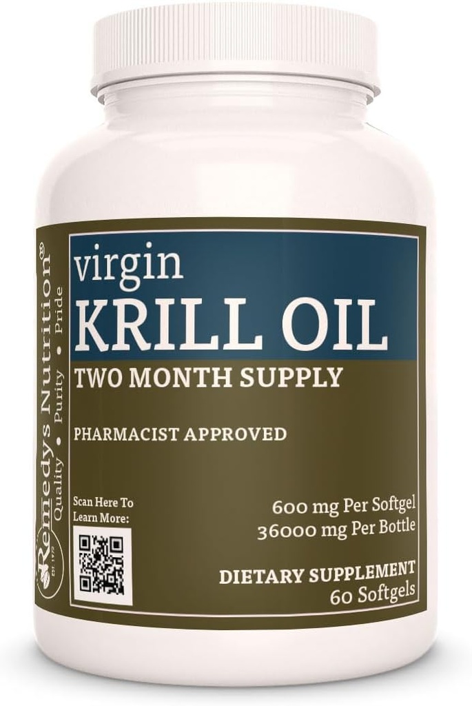Remedy’s Nutrition Virgin Krill Oil (Omega-3 Fatty Acids: EPA & DHA) | 600 mg, 60 Softgels Dietary Supplement | Two Month Supply