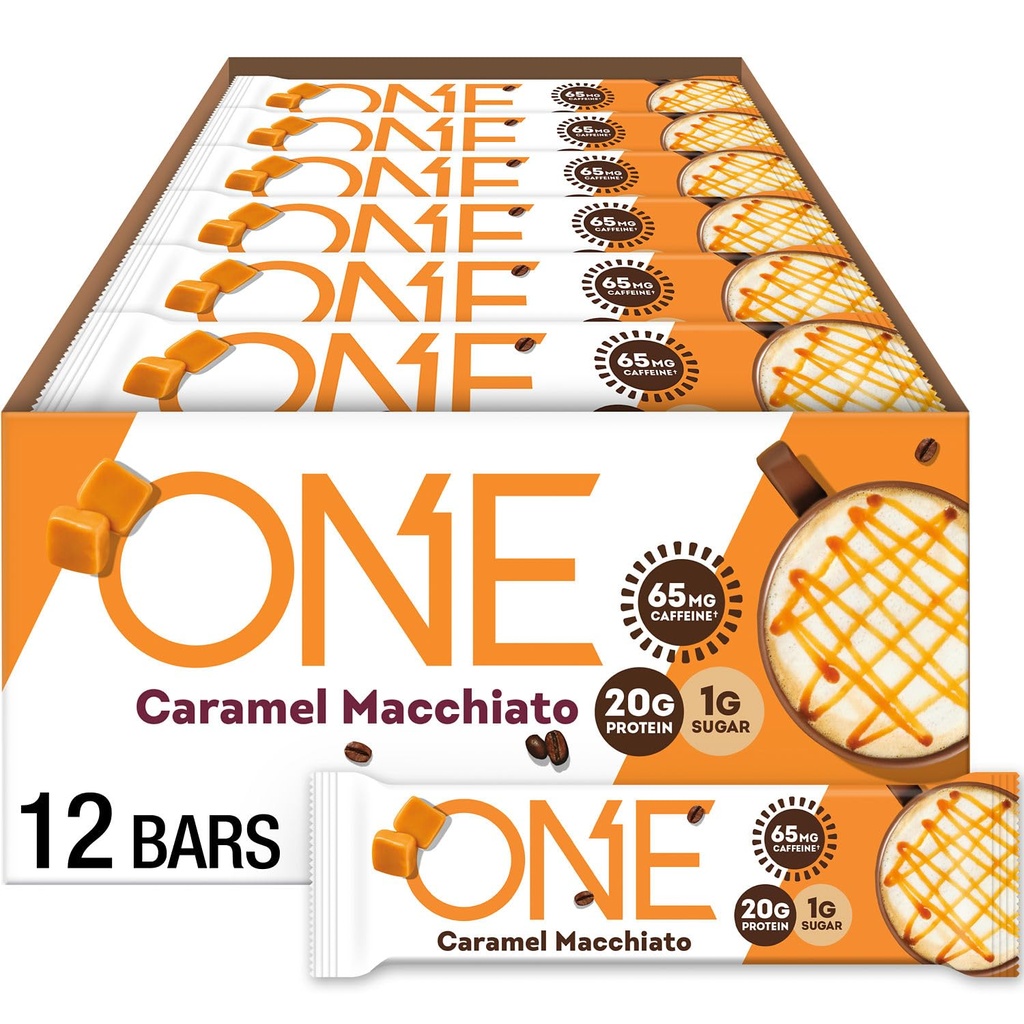 ONE Coffee Shop Caffeinated Protein Bars, Caramel Macchiato, Gluten Free with 20g Protein and 65mg of Caffeine Energy, Pantry Staples, 2.12 oz (12 Count), Packaging May Vary