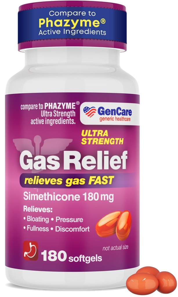 GenCare - Ultra Strength Simethicone Gas Relief 180 mg (180 Softgels) | Anti Flatulence, Bloating Aid, Stomach Discomfort and Gas Pressure Reliever Pills | Relieves Gas Fast | Generic Phazym