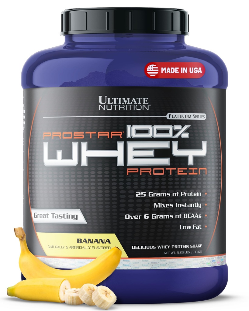 Ultimate Nutrition Prostar Whey Protein Powder Isolate, Banana - Low Carb, High Protein Powder Shake for Muscle Gain & Recovery - Low Sodium, Low-Fat & Keto Friendly - 5.28 lbs Tub
