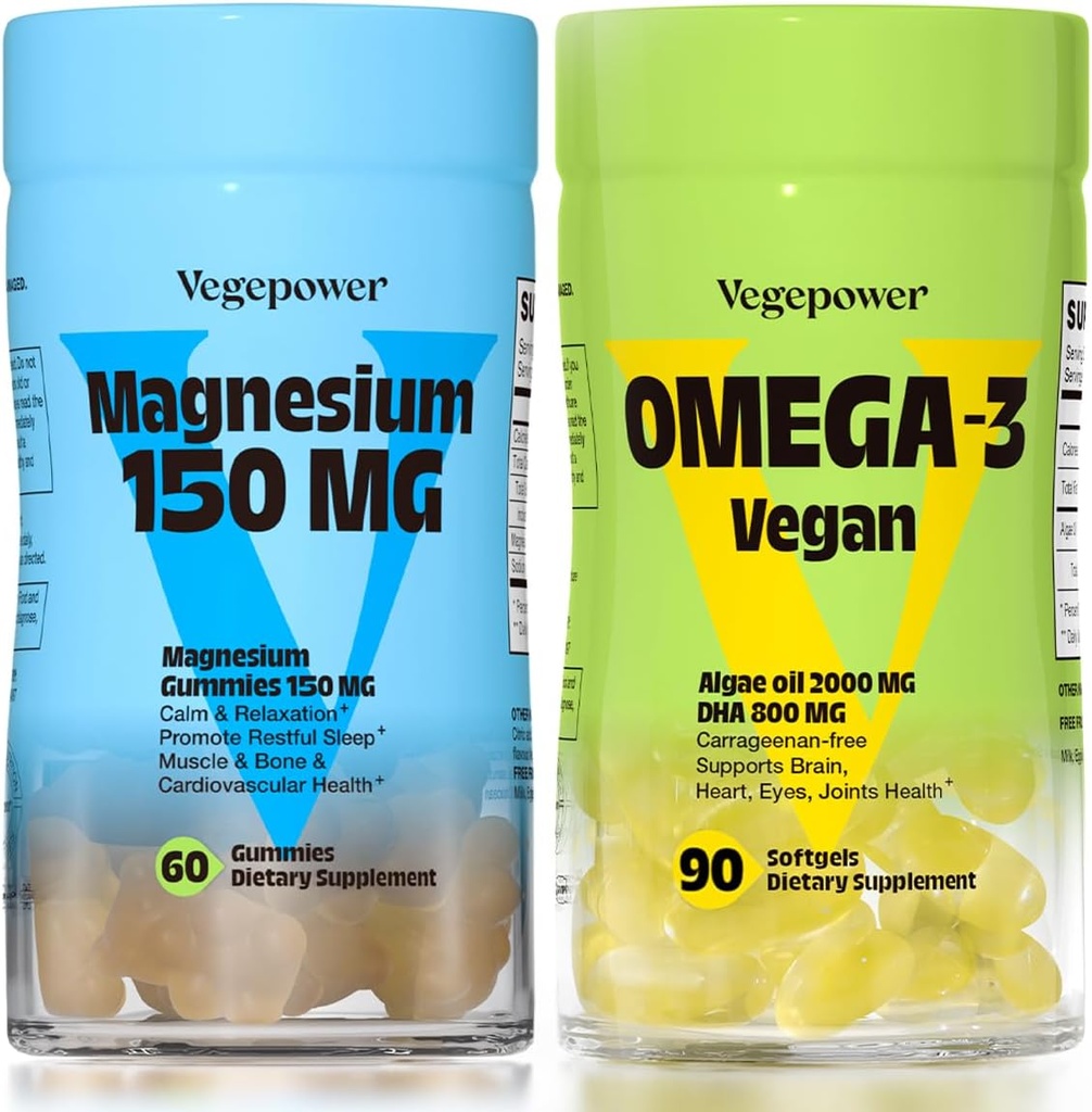 Vegan Omega-3 + Magnesium Gummies | Algae Omega-3 800mg DHA Supplements for Brain, Heart Eyes Health- 90 Count | 150mg Magnesium Citrate Gummies for Adults and Kids Calm Sleep, Relaxation