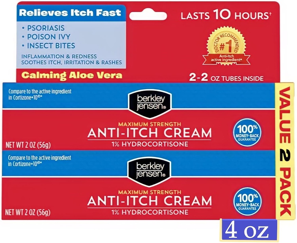 Berkley Jensen Maximum Strength Anti-Itch Cream (4 oz.), with Calming Aloe Vera, 1% Hydrocortisone Itch Relief for Eczema, Psoriasis, Bug Bites, Poison Ivy, Oak and Sumac, 2 oz. Tube (Pack of 2)