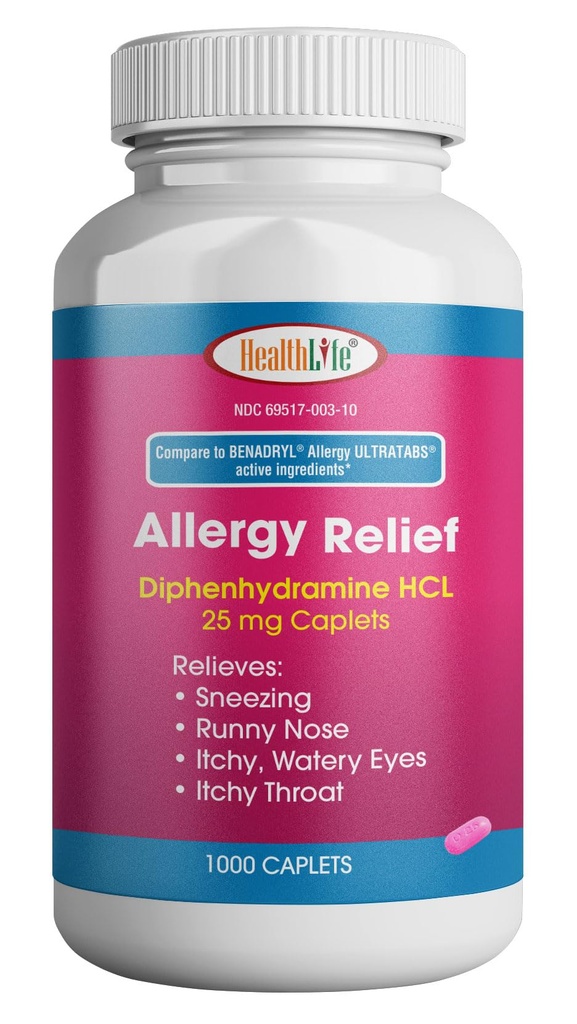 HEALTH LFE Allergy Relief, Medicine Diphenhydramine HCl Caplets, 25 mg | Children and Adults | Relieves Sneezing, Runny Nose, Hay Fever Symptoms, Itchy Eyes and Throat (Large,1000 Count)