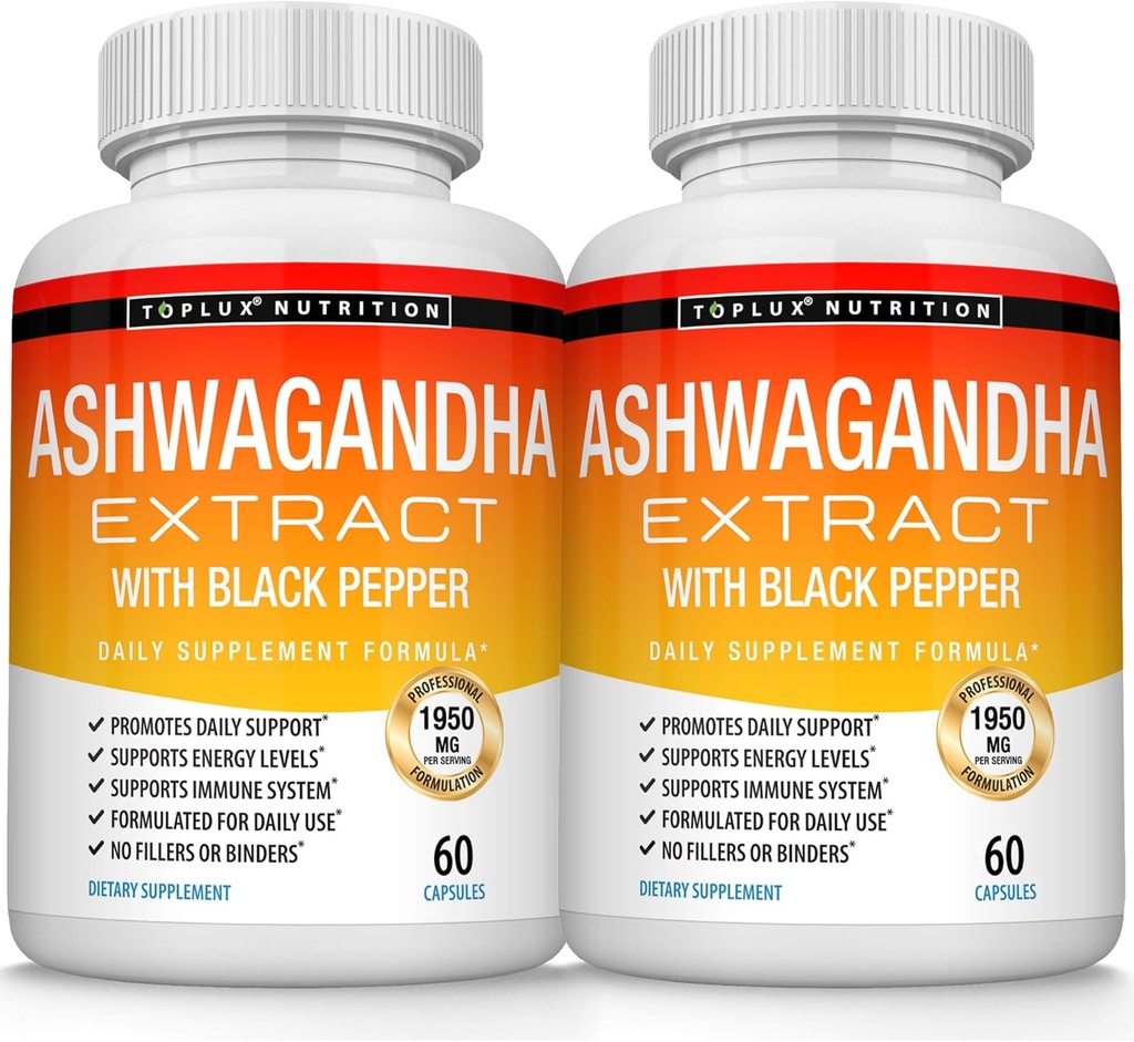 Organic Ashwagandha Root Powder Pills 1950 Mg with Black Pepper Extract - Pure Natural Ashwagandha Supplement, Support Energy, for Men Women, 60 Capsules