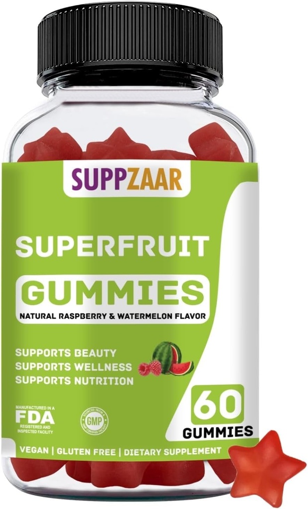 Vegan Superfruit Gummy Vitamins. Superfruit Gummies w/Vitamin A C E Organic Silica. Superfruit for Collagen Formation, Beauty & Glow. Plant-Based, Non-GMO, Gluten-Free, Gelatin-Free. 60 CT