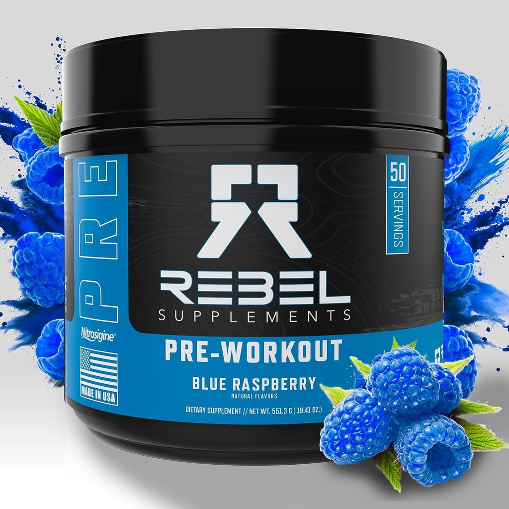 Rebel Supplements™ Blue Razz Loaded Pre Workout | Extreme Pumps, Laser Focus, Insane Energy | 7000mg L-Citrulline, 4000mg Beta Alanine, 1500mg Nitrosigine®, 350mg Caffeine | 50 Servings